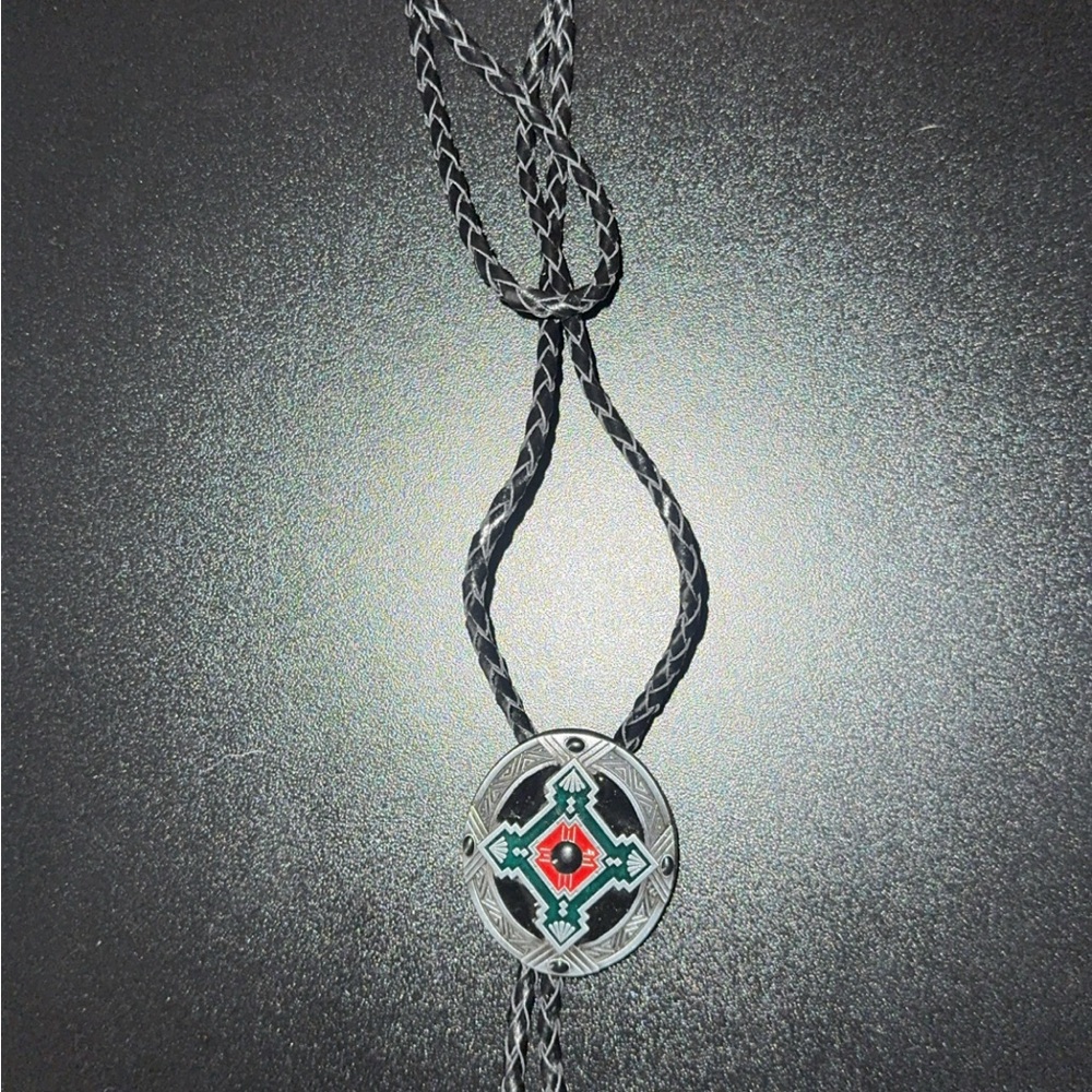 Silver and Black Pendant Bolo Tie Men Western